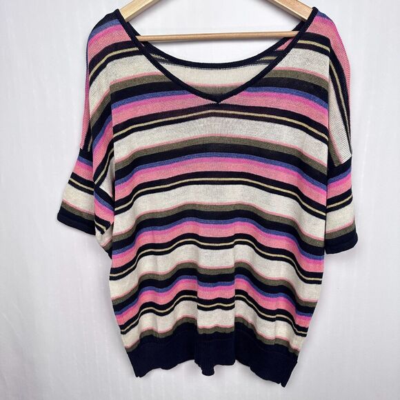 Talbots Striped Linen Dolman Short Sleeve Sweater Size 3X Pink Ivory Multi Knit - Picture 5 of 10